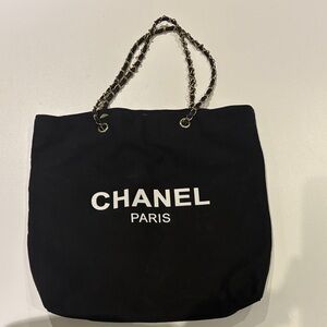 CHANEL Black Canvas Tote with Chain-Strap Handles